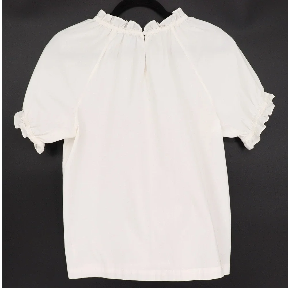 Hill House Home White The Kit Top Size M Ruffle Neck Puff Blouse Cottagecore